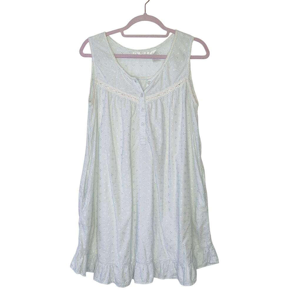 Vtg Soft Surroundings Baby Blue Eyelet Floral Embroidered Cotton Nightgown Small